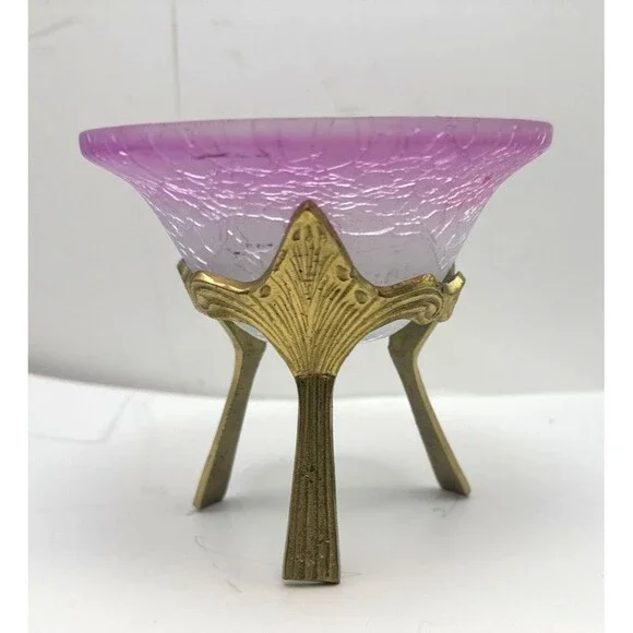 Crackled Glass Bowl Vase Candle Holder Orb Ornate Brass Stand Purple 4x4.25