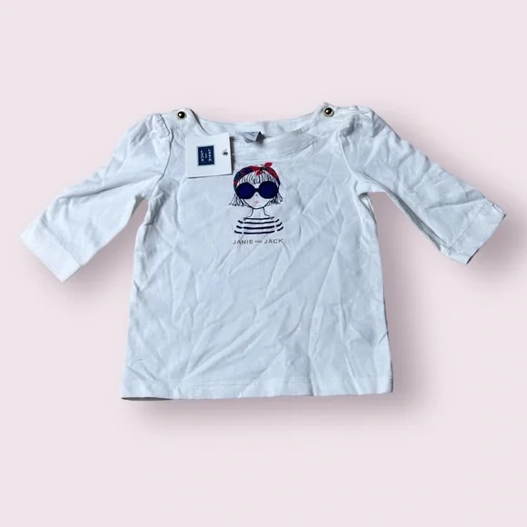 NWT Baby Janie And Jack Girl In Sunglasses White 3/4 Sleeve Top Gold Accents