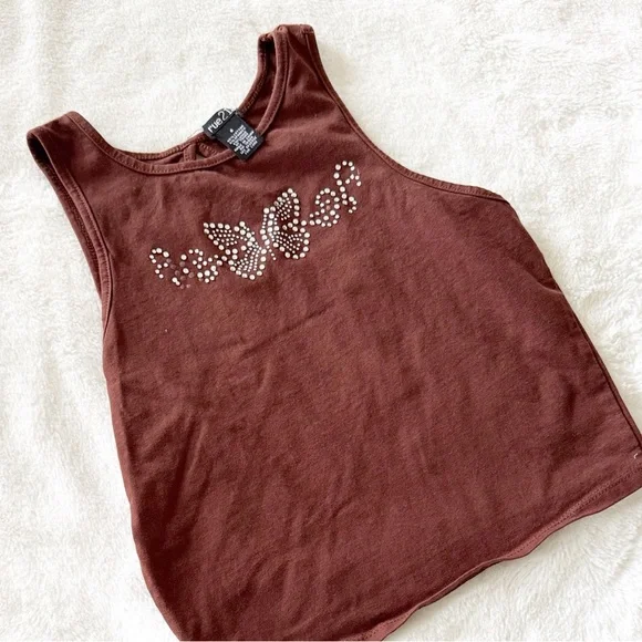 Vintage Y2K Rue21 cotton Brown Tank Top with butterfly Rhinestone sz small