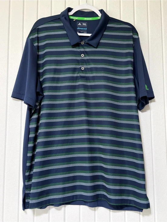 adidas Navy & Green Striped Climacool Polo - XL