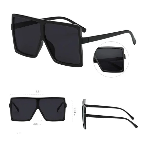 Oversized Square Sunglasses Women OS Black New Flat Top UV400 Shades