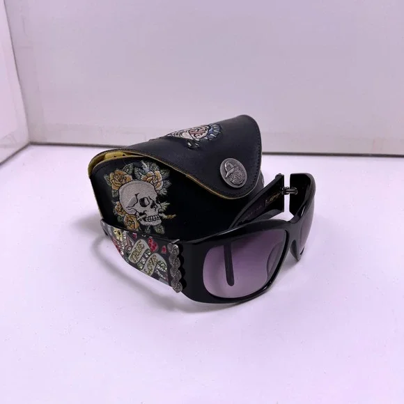 Ed Hardy Rhinestone Skull Shield Sunglasses Womens Black Acetate