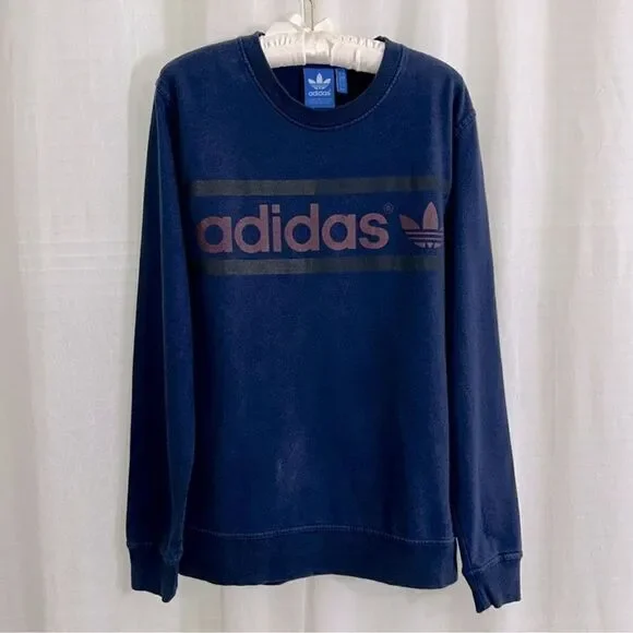 adidas S Navy Black Burgundy Trefoil Crewneck Cotton Pullover
