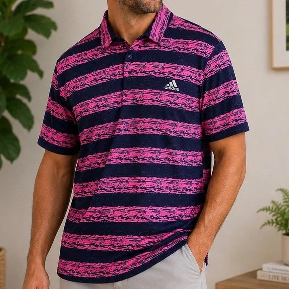 Adidas Golf Polo Shirt XL Pink Navy Striped Performance Short Sleeve Mens