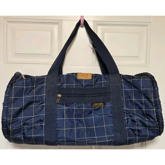 Oxford Blue Plaid Duffle Bag Vintage Polyester / Nylon 22