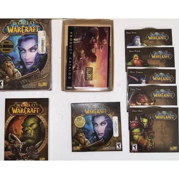 World of Warcraft (Windows/Mac, 2004) CIB COMPLETE Box Manual Catalog Discs 1-5