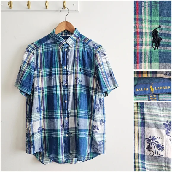 VTG Ralph Lauren Plaid Palms Short Sleeve Button Down Shirt Blue Green Youth XL