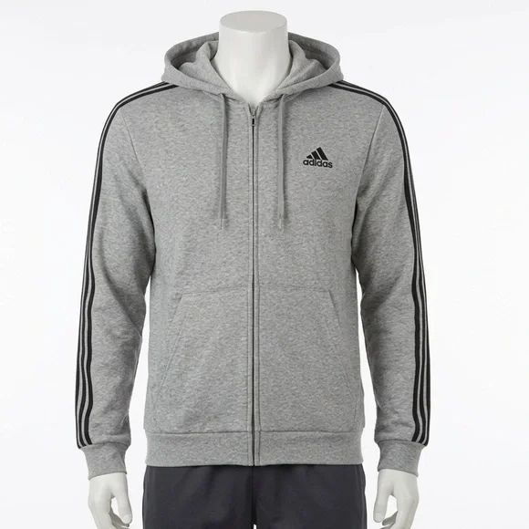 adidas Essentials 3-Stripe Full Zip Fleece Hoodie Mens 2XL Gray