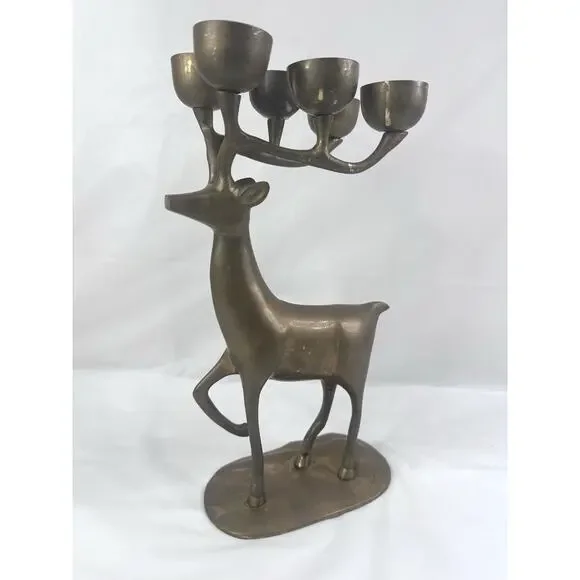 Brass Reindeer Candelabra Candle Christmas Holiday Decor Nostalgia Heavy