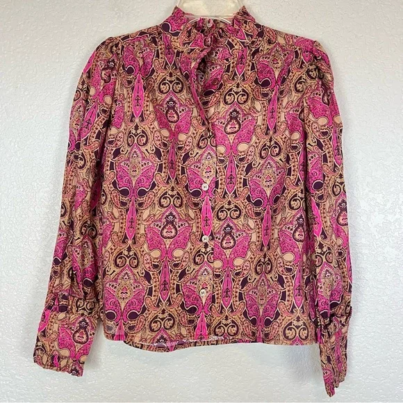 A Loves A Girl Cottagecore Peasant Boho Top Ruffle Neck Paisley Print Large New