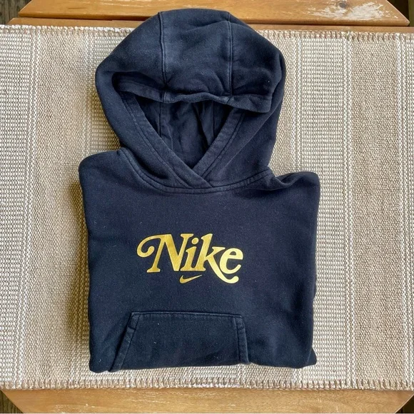 Nike Kid’s Girls Black & Gold Pullover Hoodie XS Sweatshirt Kangaroo Pocket