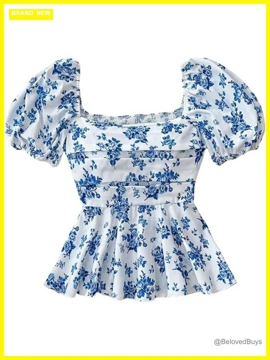Girls Floral Print Ruffle Blouse Puff Sleeve Smocked Top Peplum Shirts