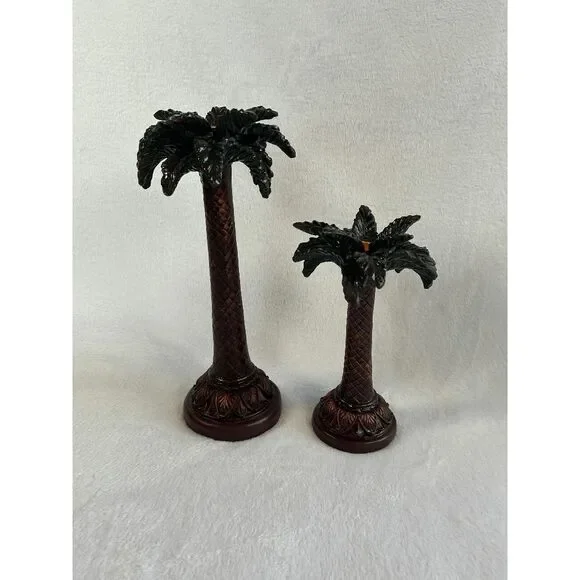 Resin Art Deco Tropical Palm Tree Candle Holders Set, Woven, Heavy, 14