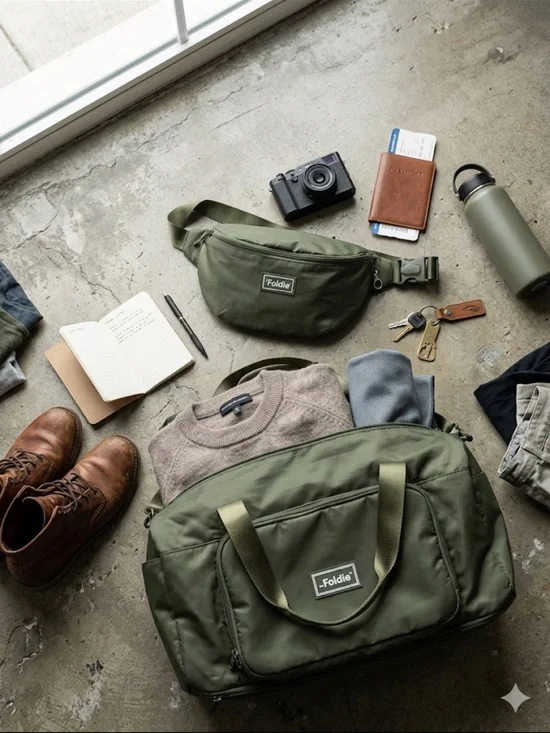Foldie Olive Green Men's Duffel Bag with Matching Waist Pack