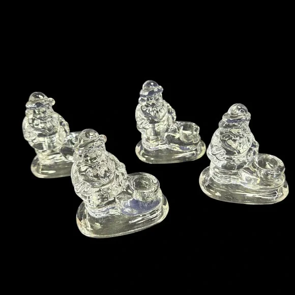 Williams Sonoma Santa Claus Tiny Taper Candle Holders Set of 4 Clear Glass READ