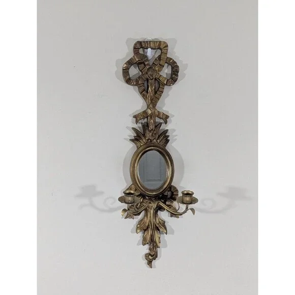 Vintage Italian Giltwood Bow Top Botanical Decor Mirror Two Candle Wall Sconce