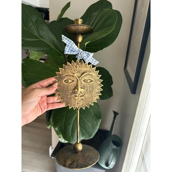 Vintage Celestial Sun Taper Candle Holder OS Gold Sunburst Face Decor