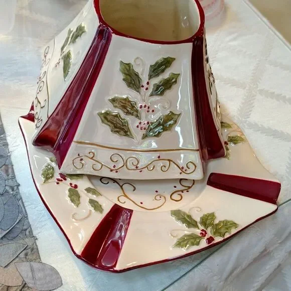 XL Yankee Candle Ceramic Candle Shade and Plate Set  Holly Burgundy Y1