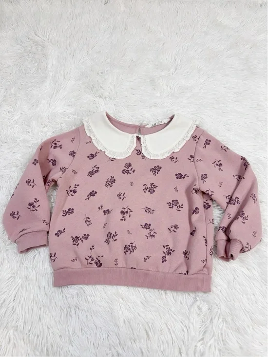 HM Girls Pink Floral Sweater sweatshirt with White Peter Pan Collar long sleeve