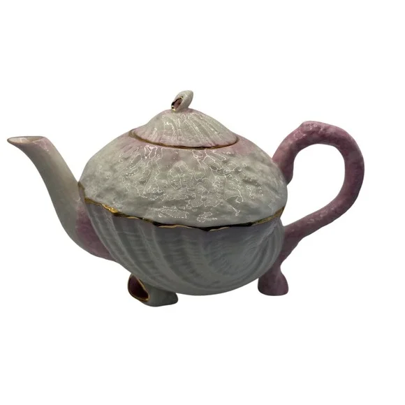 Belleek Ireland Neptune Shell Teapot Pink White Gold Trim Parian China