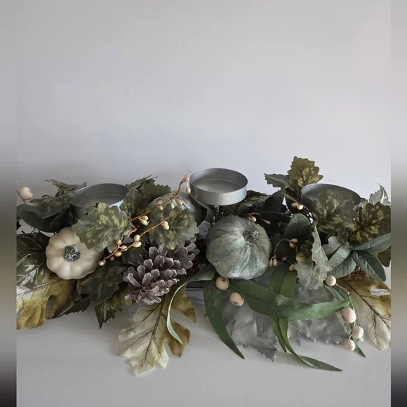 Fall Pumpkin Table Decor Silver and Green Candle Holder with Leaf Accents 21×9×7