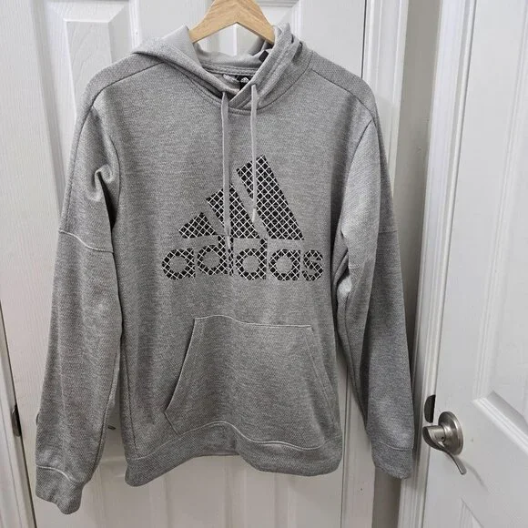 Adidas Mens Gray Hooded‎ Sweatshirt Size Medium Hoodie Athletic Athleisure *FLAW