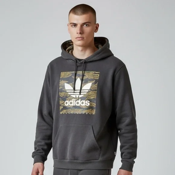 Adidas Mens Camo Trefoil Logo Hoodie Size‎ M Skateboarding Graphic Pullover