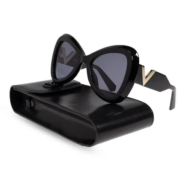New! Valentino V GOLD III VLS 138A, Chic Black Sunglasses, Authentic