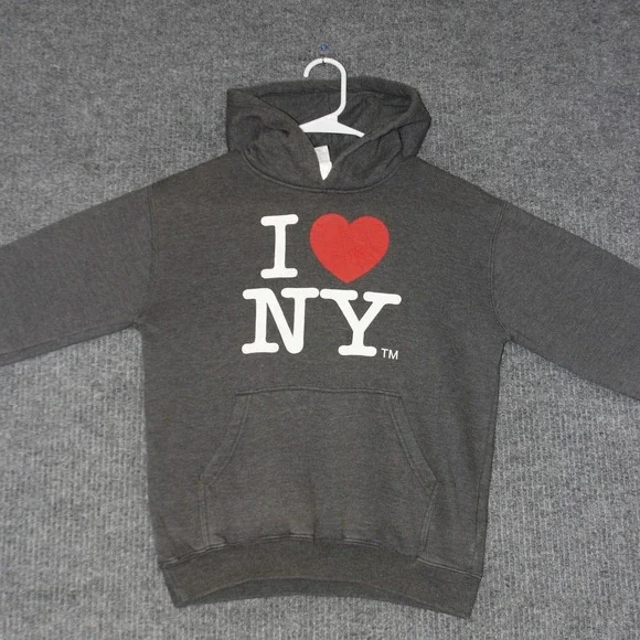 Kids I Love NY Hoodie Sweatshirt Charcoal Gray Pullover Pocket Size 14/16