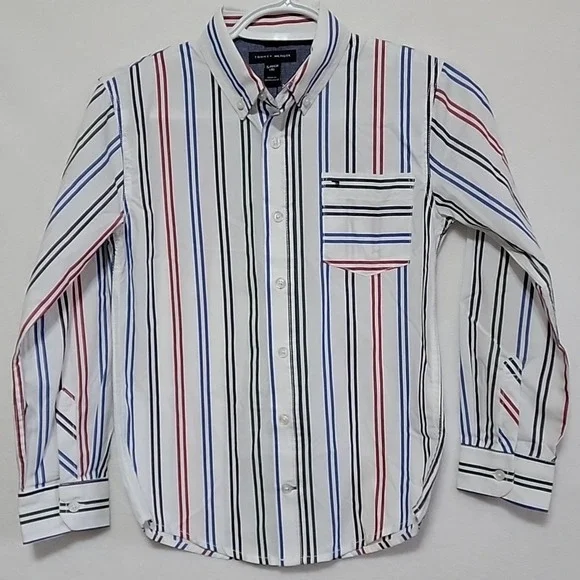 Tommy Hilfiger Boys Snow‎ White Multi Color Striped Button Down Shirt Size S 8