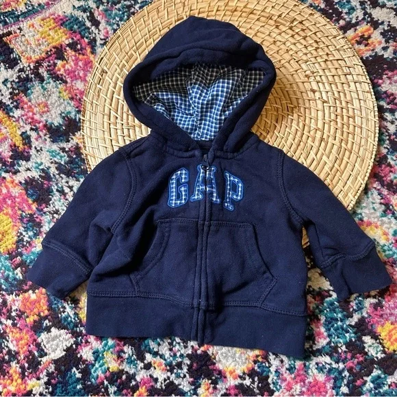 Gap Zip Front Gingham Logo Hooded Sweatshirt Blue 3-6 Months