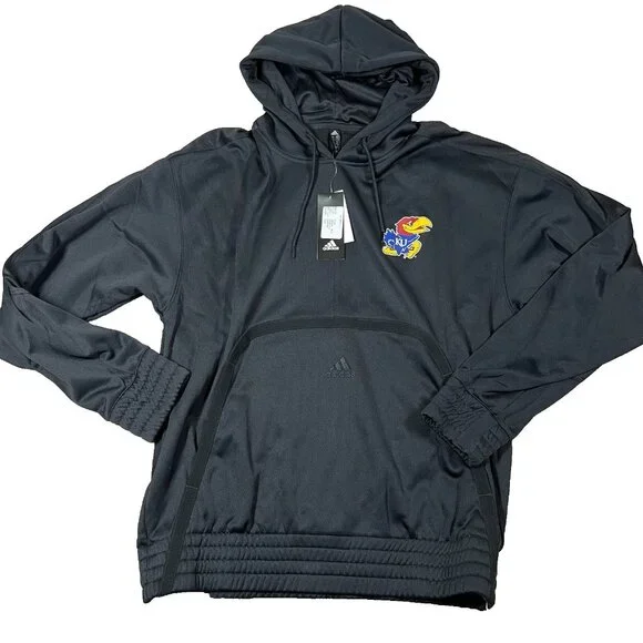 Adidas Mens Medium Black Kansas Jayhawks Logo‎ Long Sleeve Pullover Hoodie NWT
