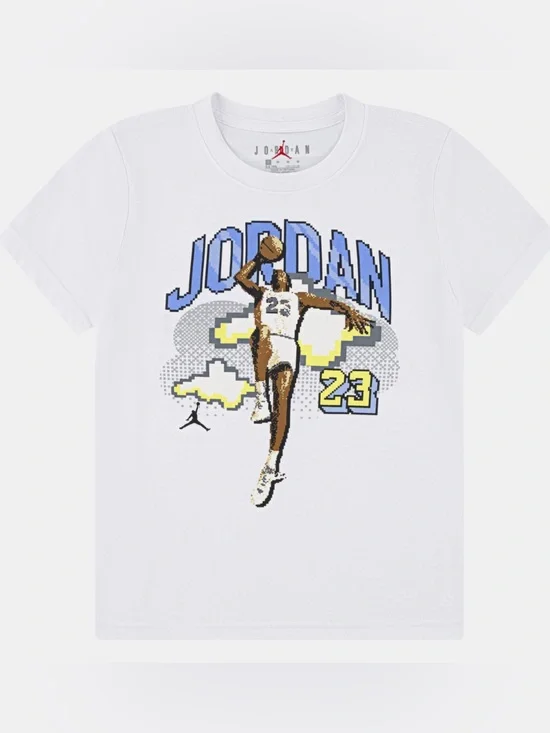Jordan White Tee with Blue and Yellow Pixel Dunk Graphic