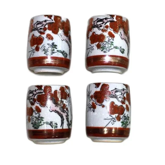 Vintage Kutani Style Hand Painted Asian Tea Cups Sake Set of 4 Japan