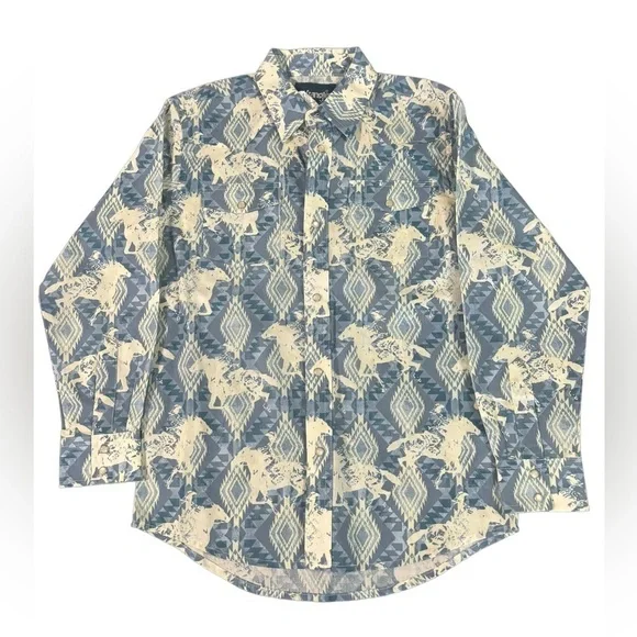 Wrangler AZTEC HORSES Long Sleeve Shirt Cowboy Button Down Pearl Snap Ki…