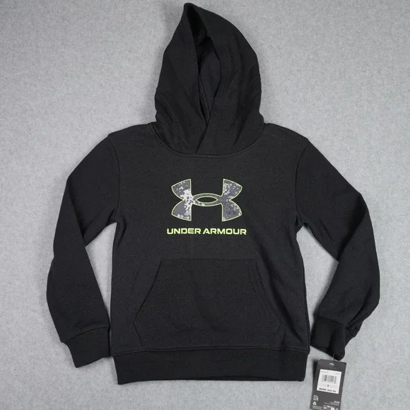Under Armour Hoodie Kids Size 6 Black Big Logo Camo Pullover Fleece Sweatshirt