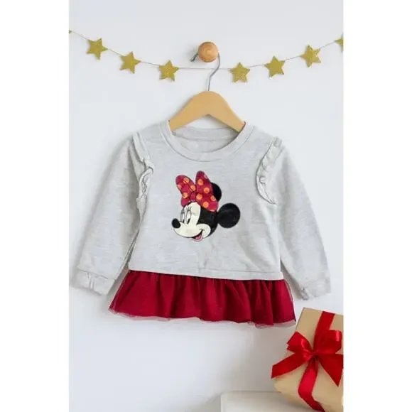 Disney Minnie Mouse Sparkly Tulle Skirted Sweatshirt – Size 4T – Red & Gray