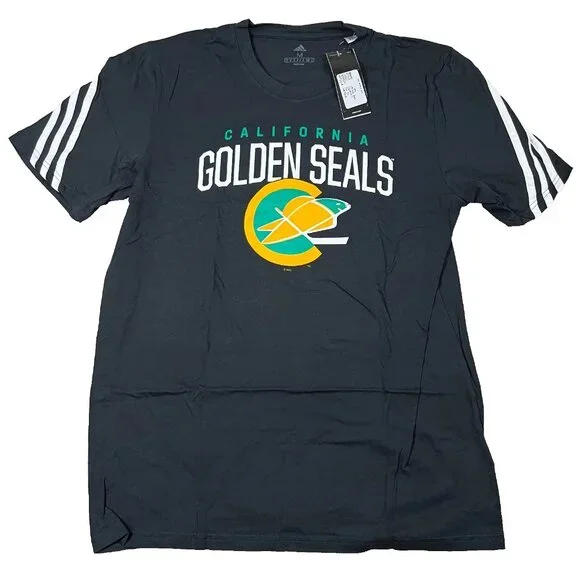 Adidas Mens Medium Black 3 Stripe California Golden Seals NHL Hockey T-Shirt NWT