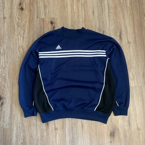 Vintage 90s Adidas crewneck athletic sweatshirt stripes navy black - size medium