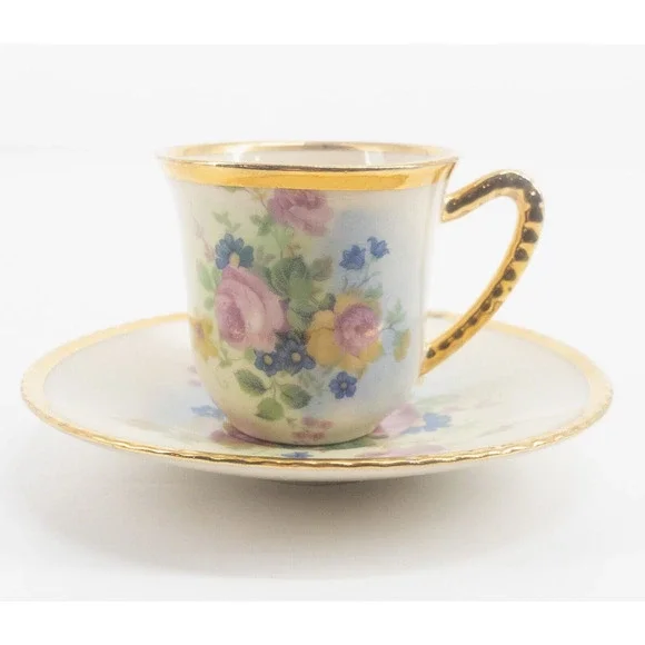 Tolpin Art Studios Teacup Saucer Flowers Pink Yellow Blue Gold Gilt Hand Painted