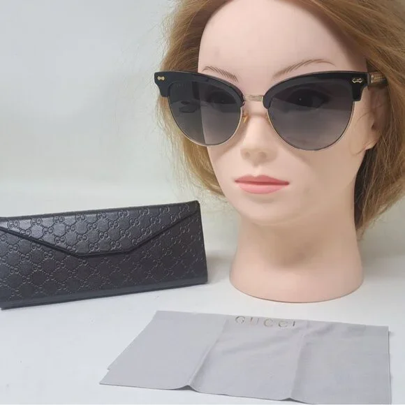 Gucci Womens Damascato Cat Eye Sunglasses Black Gold Half Rim GG4283/S 55-18-140
