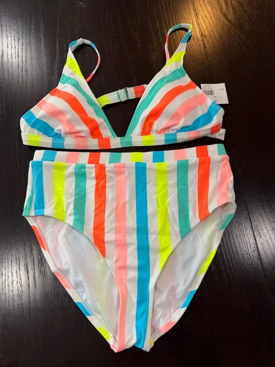 Cabana by Crown‎ & ivy Multicolor Stripe Bikini Set - Neon Coral, Aqua & Yellow