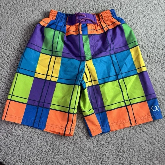 Vintage 90's OP Ocean Pacific Youth Small 6/7‎ Neon Swim Trunks Board Shorts