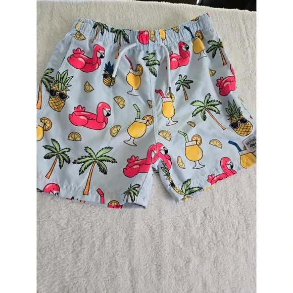 Spicy Tuna Boys Light Blue Tropical Flamingo Cocktail Print‎ Swim Trunks Size 12