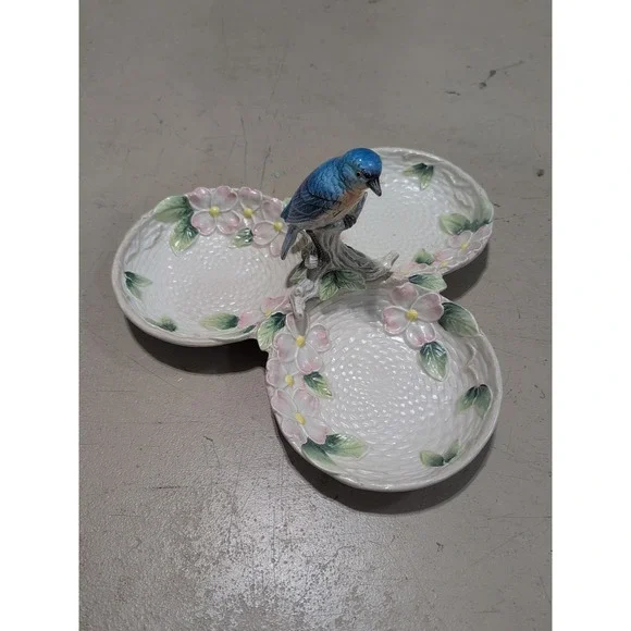 1990 Fitz & Floyd Bluebird Dogwood Flower Woven Design 3 Dish Serving Tray 12