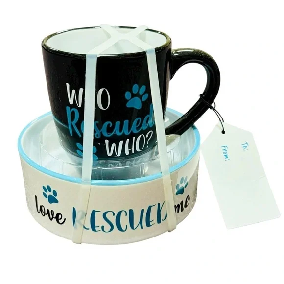 Pet Mug Bowl Set NEW Who Rescued Who? Love Rescued Me