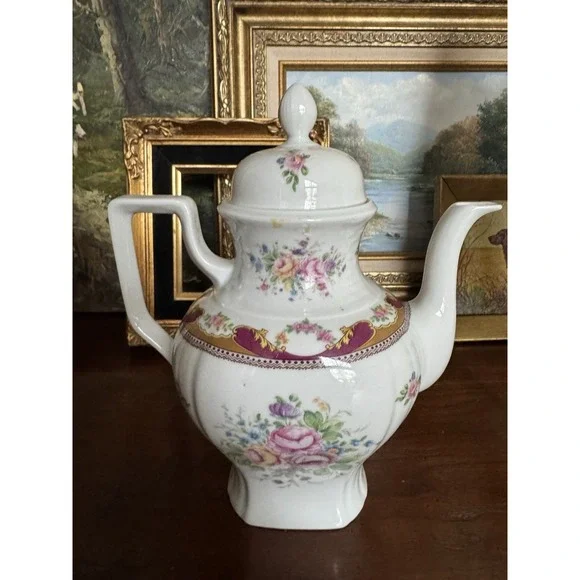 Ornate Burgundy & Gold Limoges Style Teapot - French Regency Cabinet Display Pot