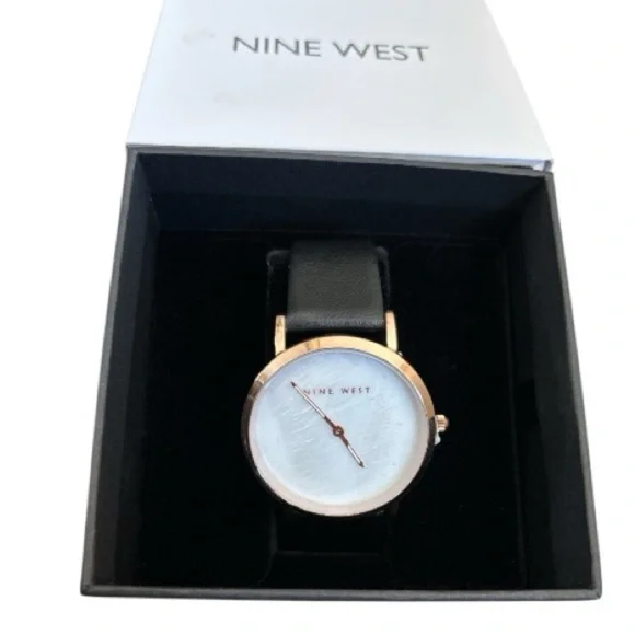 NINE WEST FELICITY WATCH, new,never worn Rose gold and black, black leather band