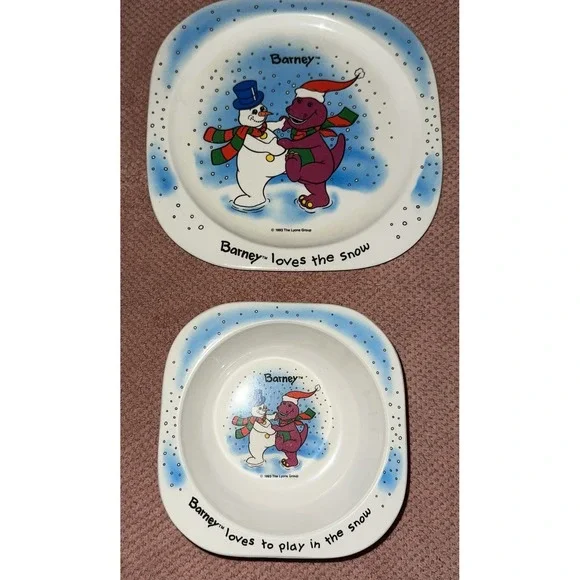 Barney Dinosaur Plate and Bowl 1993 Snowman Snow Winter Loves to Play‎ Vintage