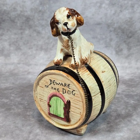 Vintage Piggy Bank Beware of Dog Doghouse‎ Barrel Ceramic